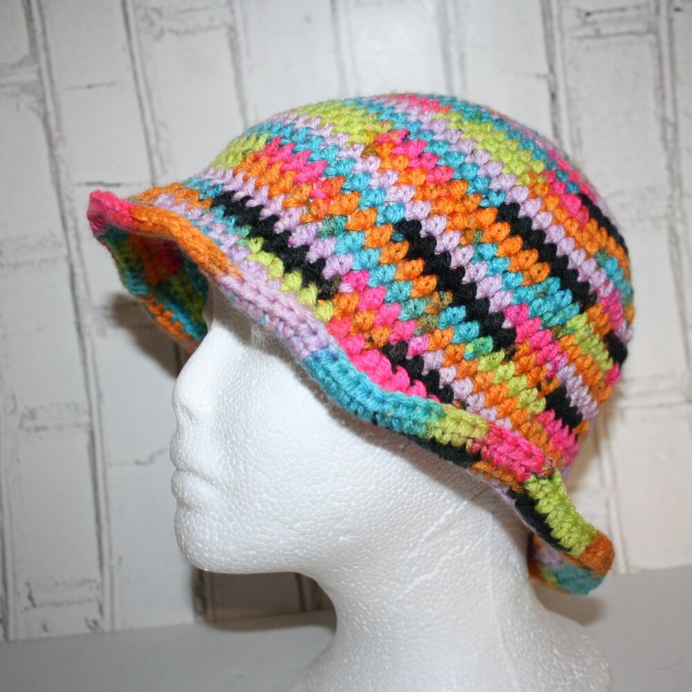 🖤🌈 Neon & Black Crocheted Sunhat – Handmade · Adult Size